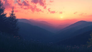 Mountains with sun setting in the background